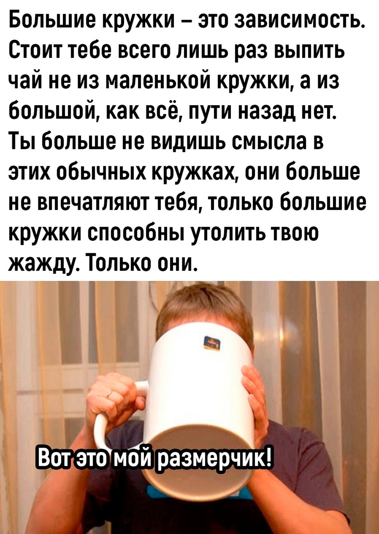 Большие кружки – это зависимость. Стоит тебе всего лишь раз выпить чай не из маленькой кружки, а из большой, как всё, пути назад нет. Ты больше не видишь смысла в этих обычных кружках, они больше не впечатляют тебя, только большие кружки способны утолить твою жажду. Только они.\n\nВот это мой размерчик!