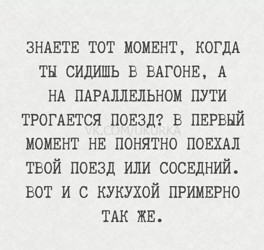 ЗНАЕТЕ ТОТ МОМЕНТ, КОГДА ТЫ СИДИШЬ В ВАГОНЕ, А НА ПАРАЛЛЕЛЬНОМ ПУТИ ТРОГАЕТСЯ ПОЕЗД? В ПЕРВЫЙ МОМЕНТ НЕ ПОНИЯТНО ПОЕХАЛ ТВОЙ ПОЕЗД ИЛИ СОСЕДНИЙ. ВОТ И С КУКУХОЙ ПРИМЕРНО ТАК ЖЕ.