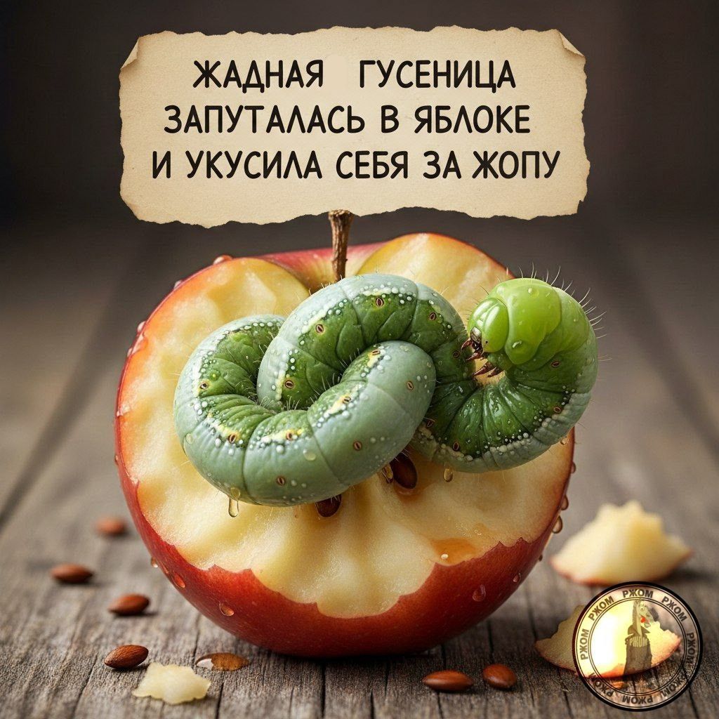 Жадная гусеница запуталась в яблоке и укусила себя за жопу