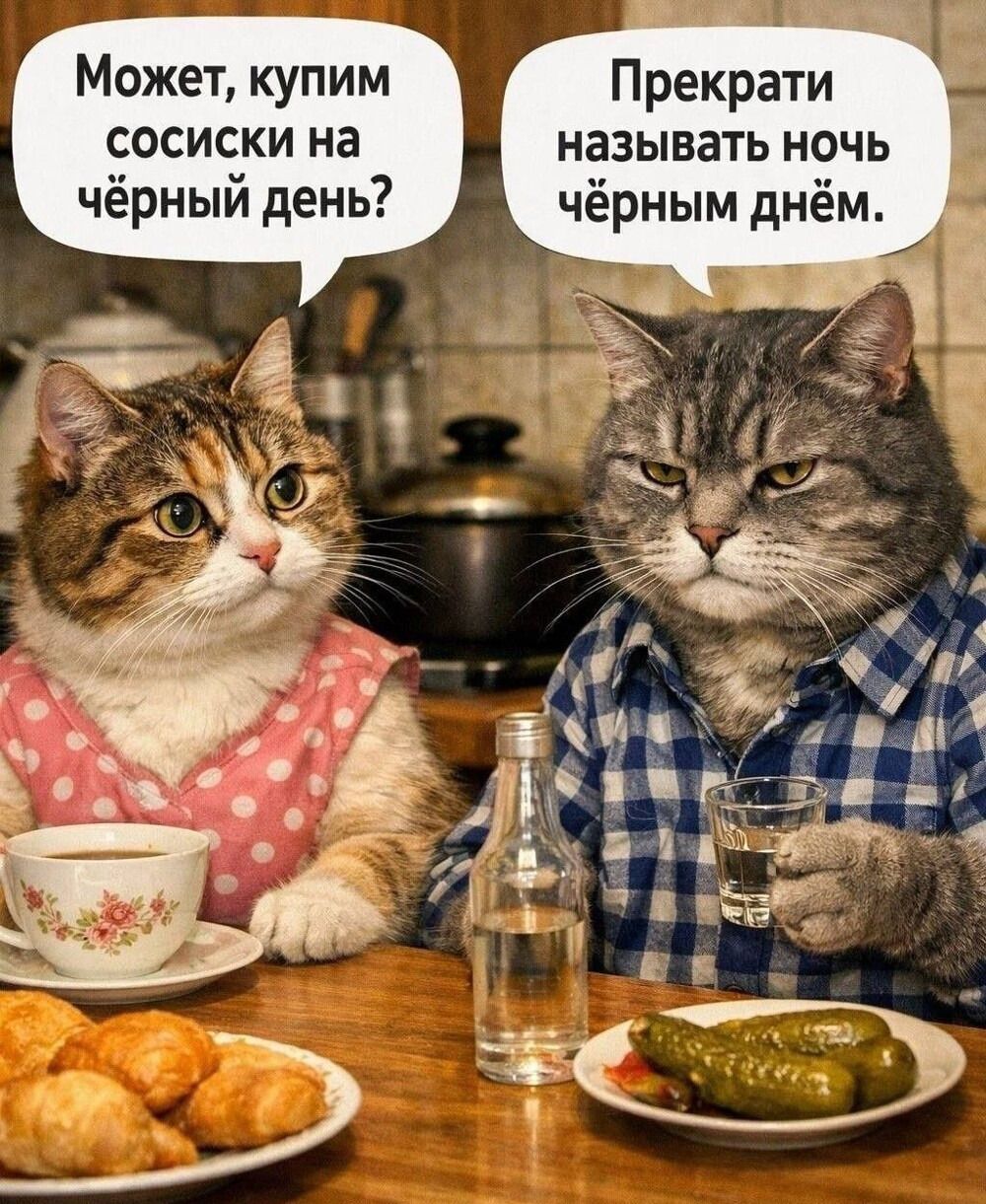 Может, купим сосиски на чёрный день? Прекрати называть ночь чёрным днём.