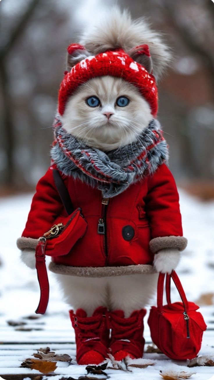 Котёнок в красном зимнем костюме на снегу