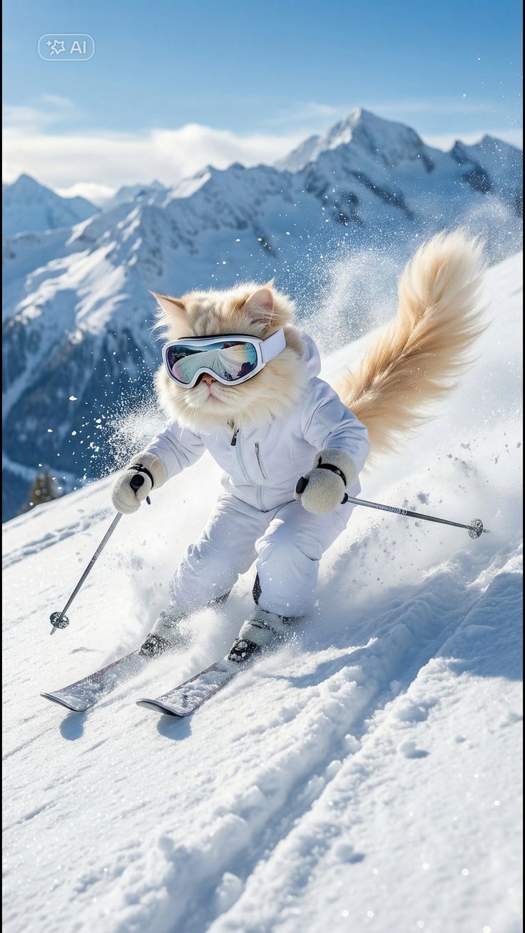 Кот в лыжном костюме катается на лыжах по заснеженному склону на фоне гор.