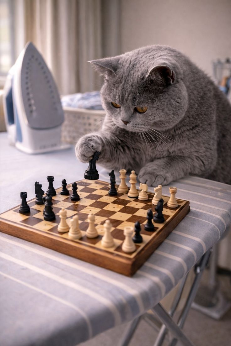 Кот играет в шахматы на столе рядом с утюгом