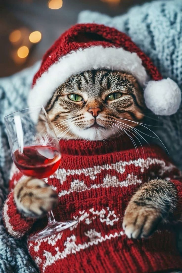 Кот в красной новогодней шапке и свитере держит бокал с вином