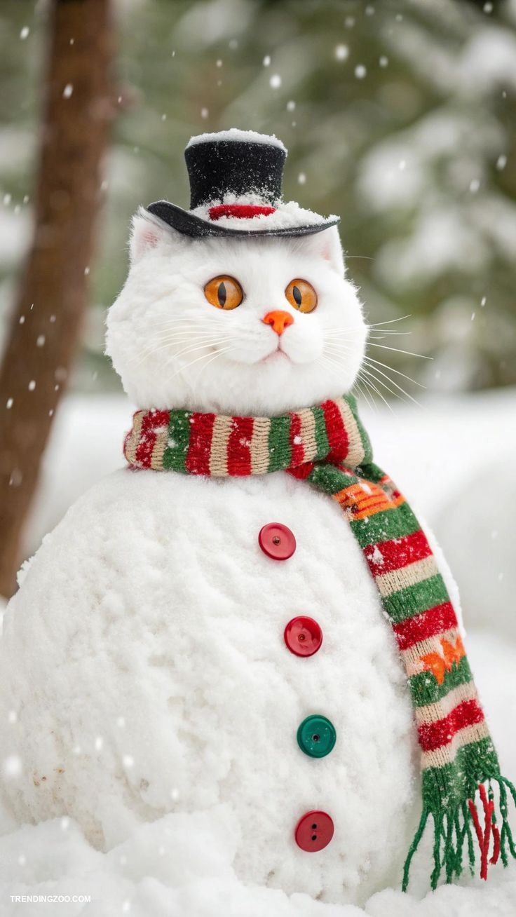 Белый кот в снегу в шляпе и ярком шарфе, похожий на снеговика
