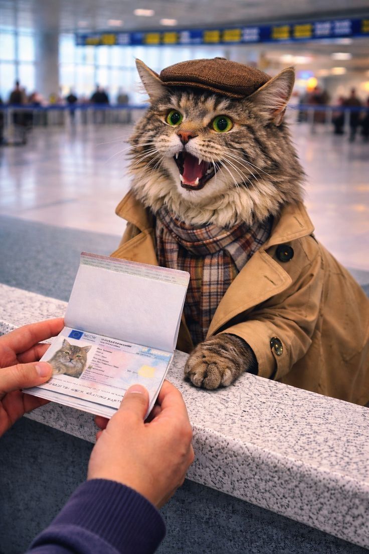 Кот в шляпе и пальто у стойки паспортного контроля держит паспорт