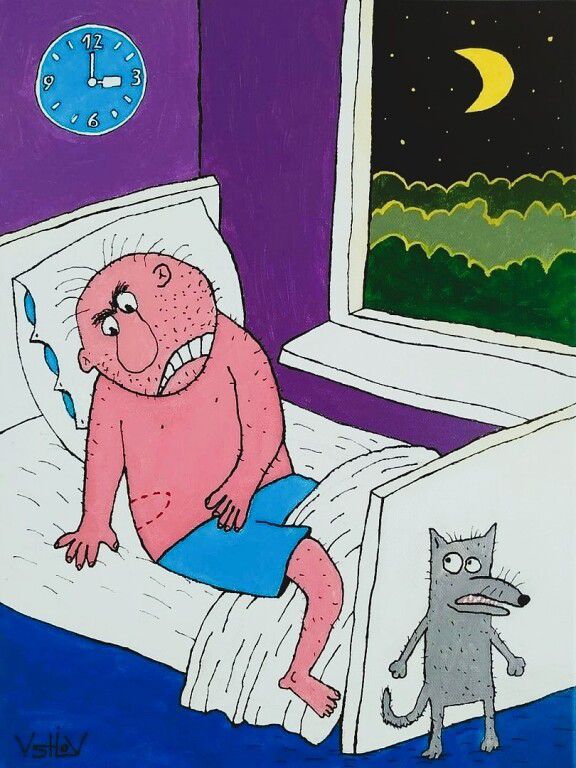 Карикатура: человек в кровати ночью, рядом кот