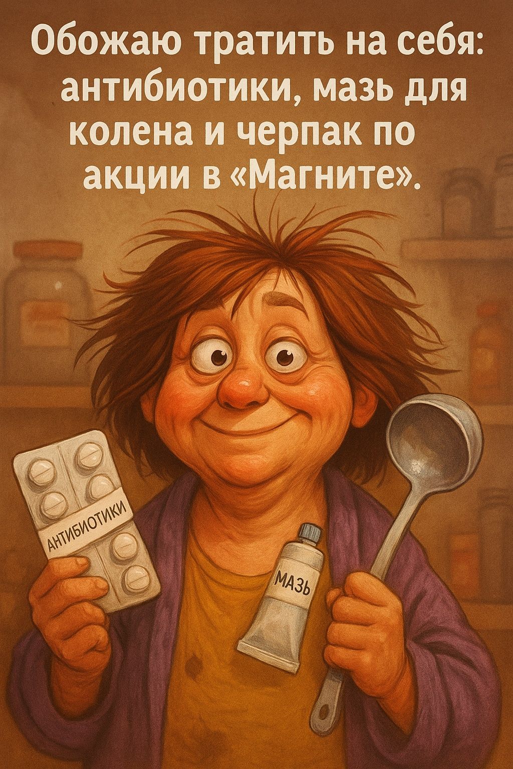 Обожаю тратить на себя: антибиотики, мазь для колена и черпак по акции в «Магните».