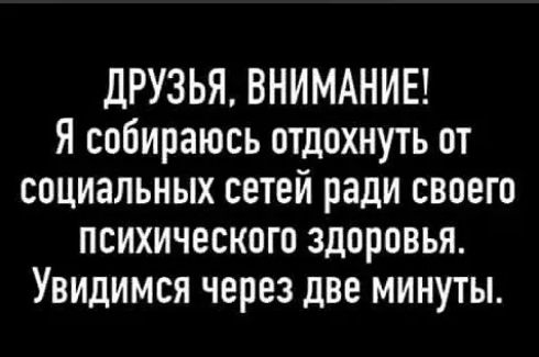 ДРУЗЬЯ, ВНИМАНИЕ! Я собираюсь отдохнуть от социальных сетей ради своего психического здоровья. Увидимся через две минуты.
