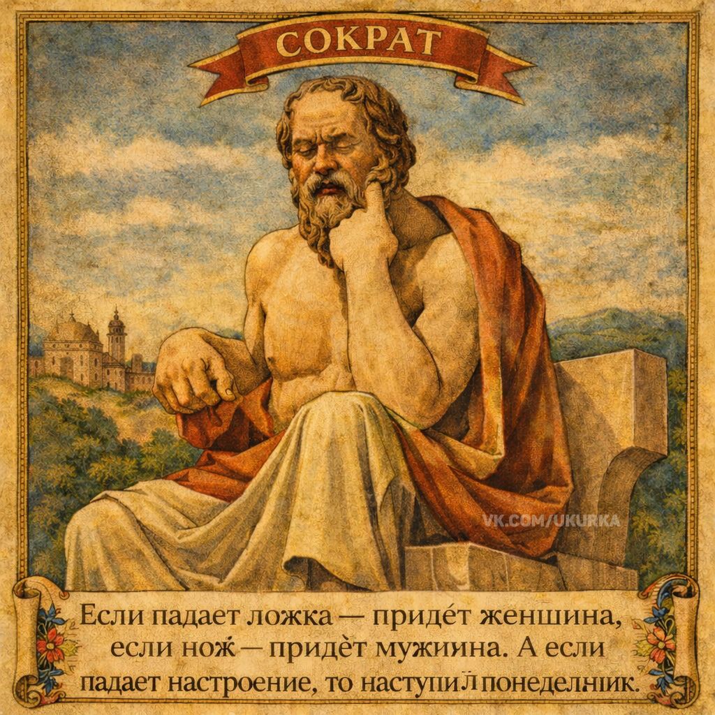 Сократ. Если падает ложка — придёт женщина, если нож — придёт мужчина. А если падает настроение, то наступил понедельник.