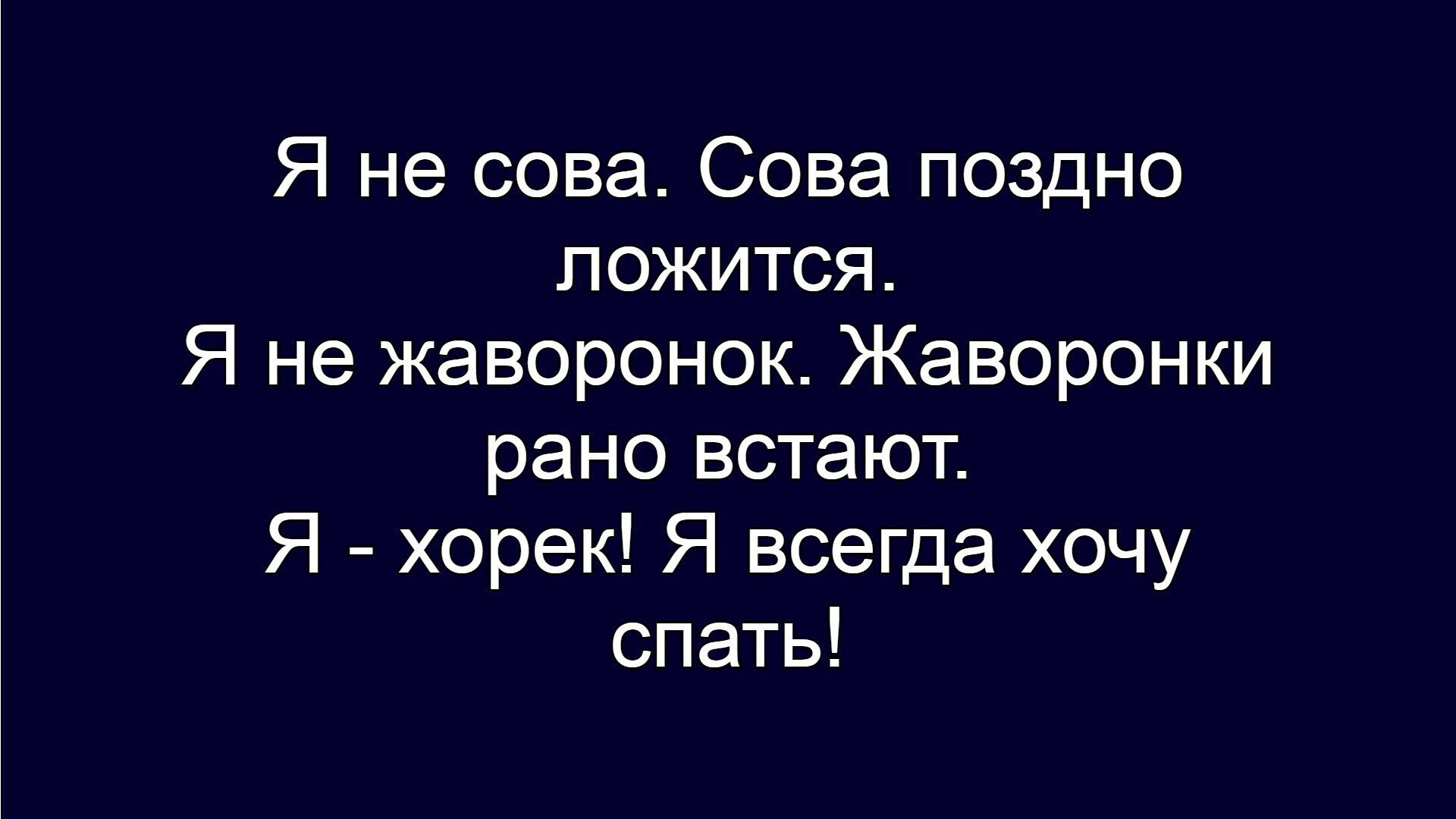 Я не сова. Сова поздно ложится. Я не жаворонок. Жаворонки рано встают. Я - хорек! Я всегда хочу спать!