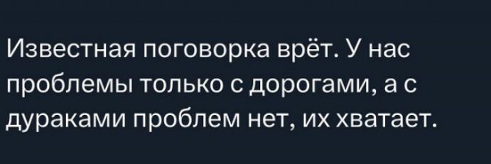 Известная поговорка врет. У нас проблемы только с дорогами, а с дураками проблем нет, их хватает.