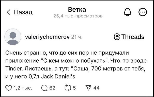 Очень странно, что до сих пор не придумали приложение 'С кем можно побухать'. Что-то вроде Tinder. Листаешь, а тут: 'Саша, 700 метров от тебя, и у него 0,7л Jack Daniel's'