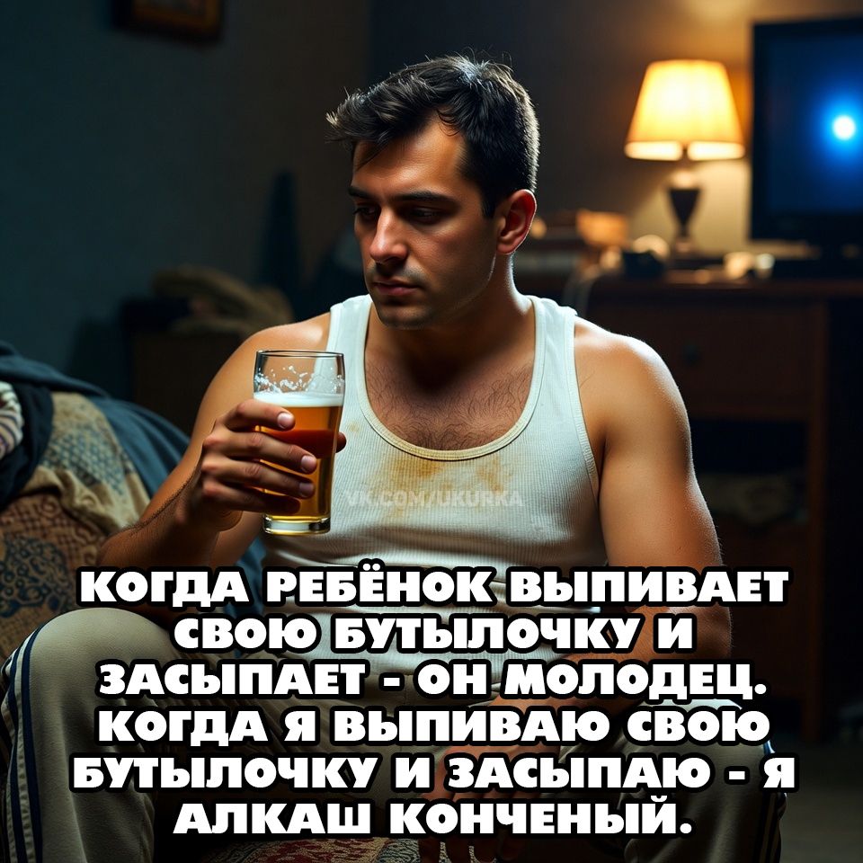 КОГДА РЕБЁНОК ВЫПИВАЕТ СВОЮ БУТЫЛОЧКУ И ЗАСЫПАЕТ - ОН МОЛОДЕЦ. КОГДА Я ВЫПИВАЮ СВОЮ БУТЫЛОЧКУ И ЗАСЫПАЮ - Я АЛКАШ КОНЧЕННЫЙ.