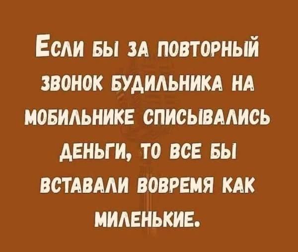 Если бы за повторный звонок будильника на мобильнике списывались деньги, то все бы вставали вовремя как миленькие.
