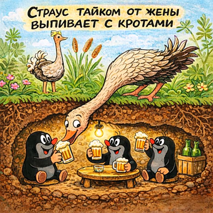 Страус тайком от жены выпивает с кротами