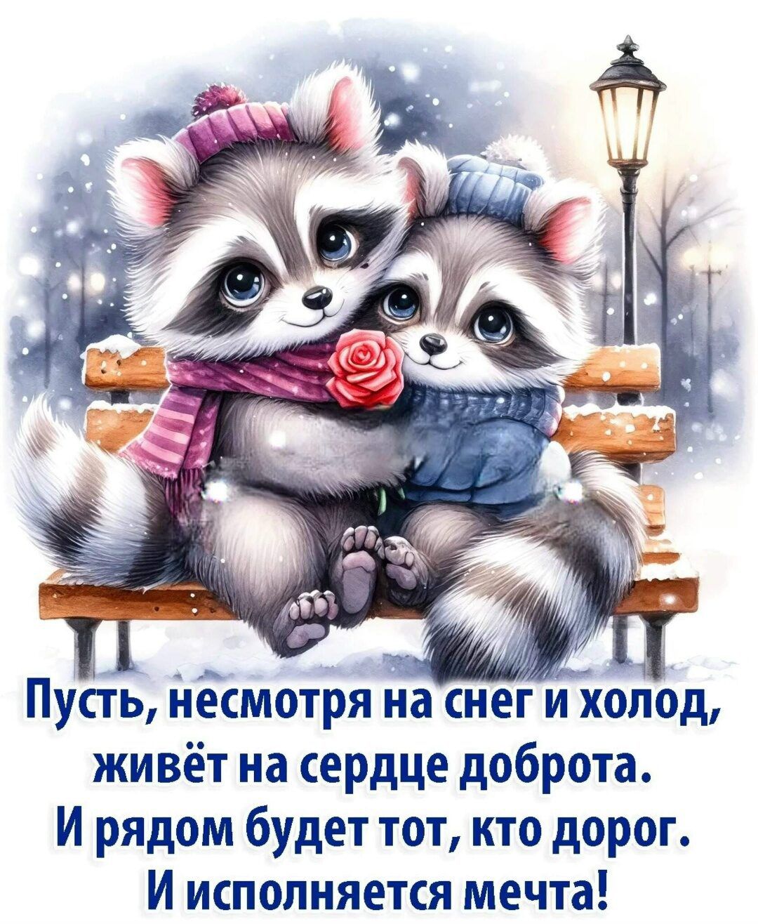 Пусть, несмотря на снег и холод, живёт на сердце доброта. И рядом будет тот, кто дорог. И исполняется мечта!
