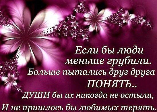 Если бы люди меньше грубили. Больше пытались друг друга ПОНЯТЬ.. Души бы их никогда не остыли, И не пришлось бы любимых терять.
