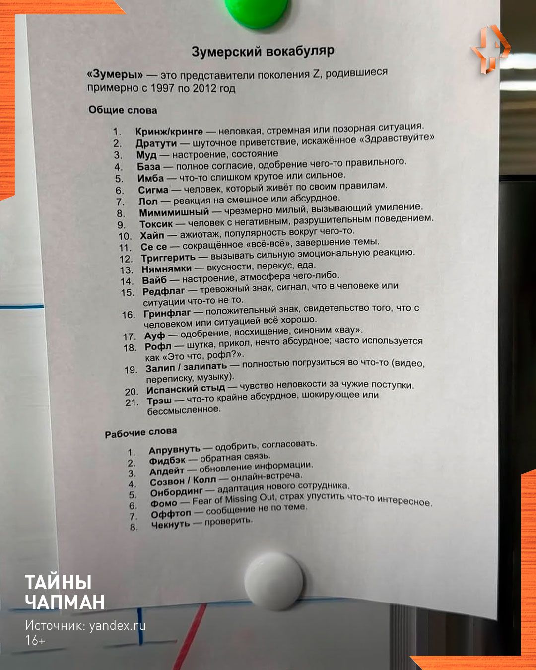 «Зумерский вокабуляр» — это постер, на котором описаны общие слова и выражения поколения. «Зумеры» — это представители поколения 7, родившиеся примерно с 1997 по 2012 год.