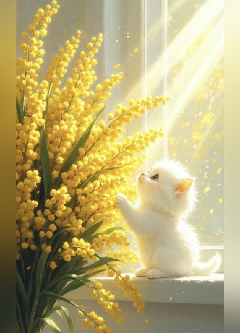 Белый котенок смотрит на ветку желтого мимозного букета у окна