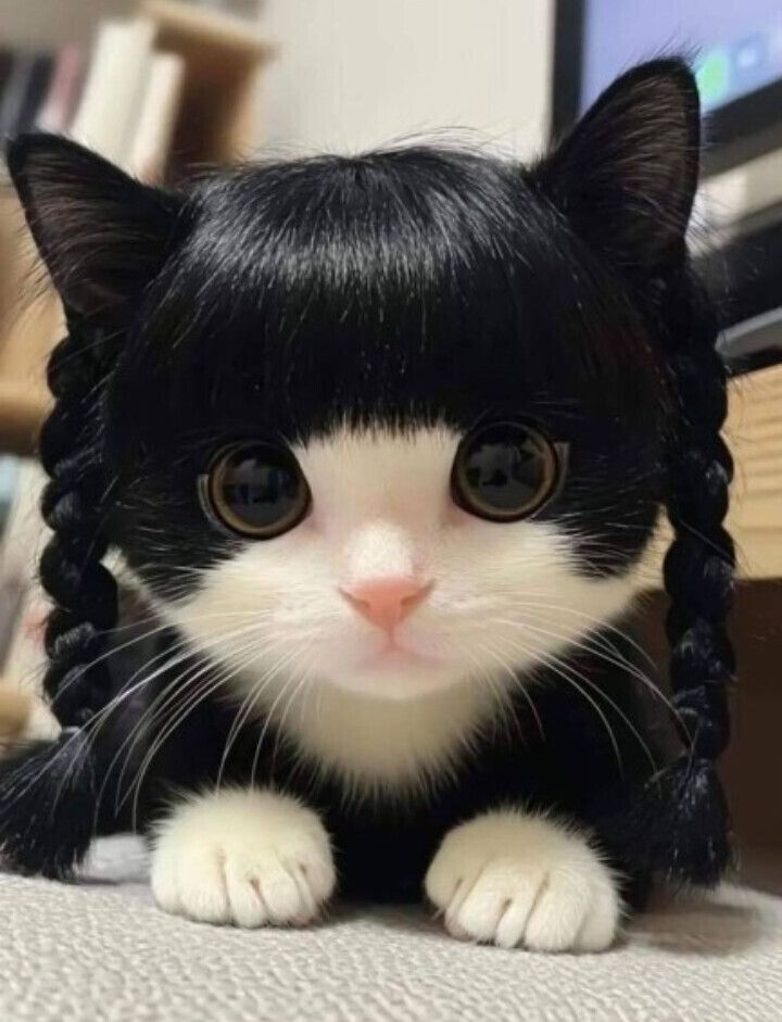 Черно-белый котенок с большими глазами и симпатичной прической.