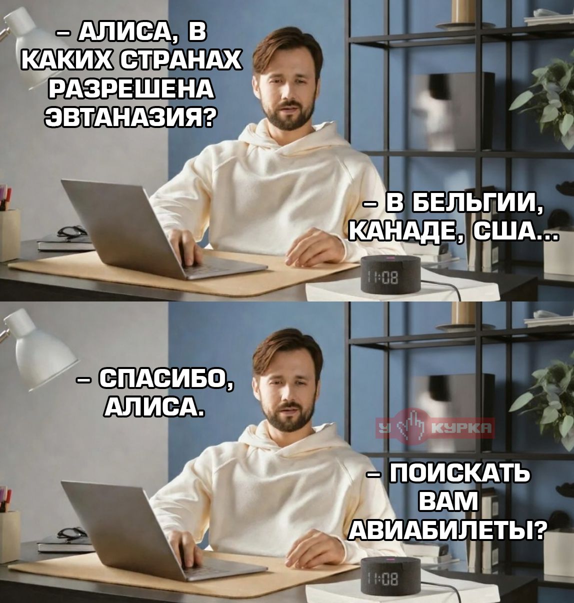 Алиса, в каких странах разрешена эвтаназия? В Бельгии, Канаде, США... Спасибо, Алиса. Поискать вам авиабилеты?