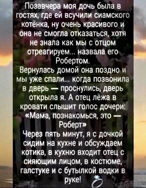 Позавчера моя дочь была в гостях, где ей всучили сиамского котёнка, ну очень красивого и она не смогла отказаться, хотя не знала как мы с отцом отреагируем... назвала его Робертом. Вернулась домой она поздно и мы уже спали... когда позвонила в дверь — проснулись, дверь открыла я. А отец лёжа в кровати слышит голос дочери: «Мама, познакомься, это — 