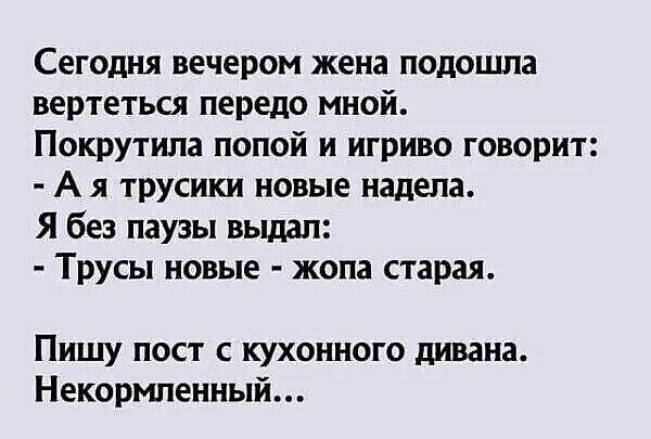 Сегодня вечером жена подошла вертеться передо мной. Покрутила попой и игриво говорит: - А я трусики новые надела. Я без паузы выдал: - Трусы новые - жопа старая. Пишу пост с кухонного дивана. Некормленный...