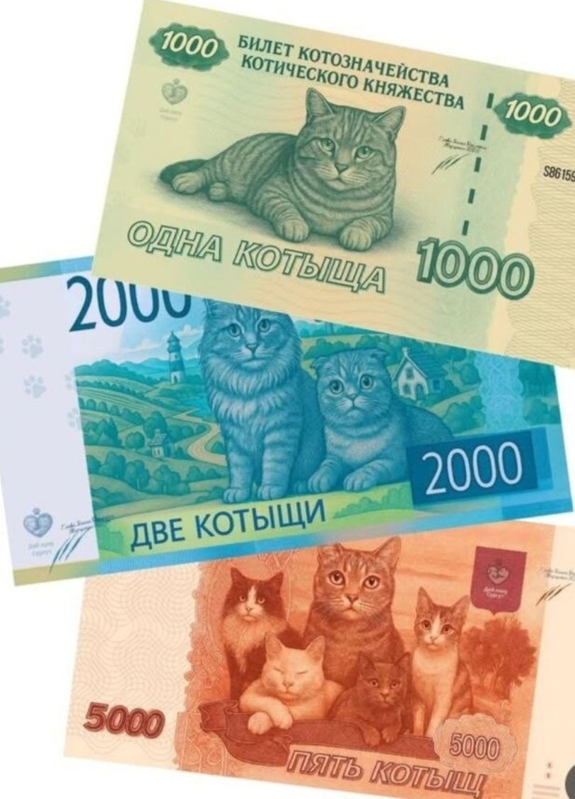 1000 БИЛЕТ КОТОЗНАЧЕЙСТВА КОТИЧЕСКОГО КНЯЖЕСТВА ОДНА КОТЫЩА 1000 2000 ДВЕ КОТЫЩИ 2000 5000 ПЯТЬ КОТЫЩ 5000