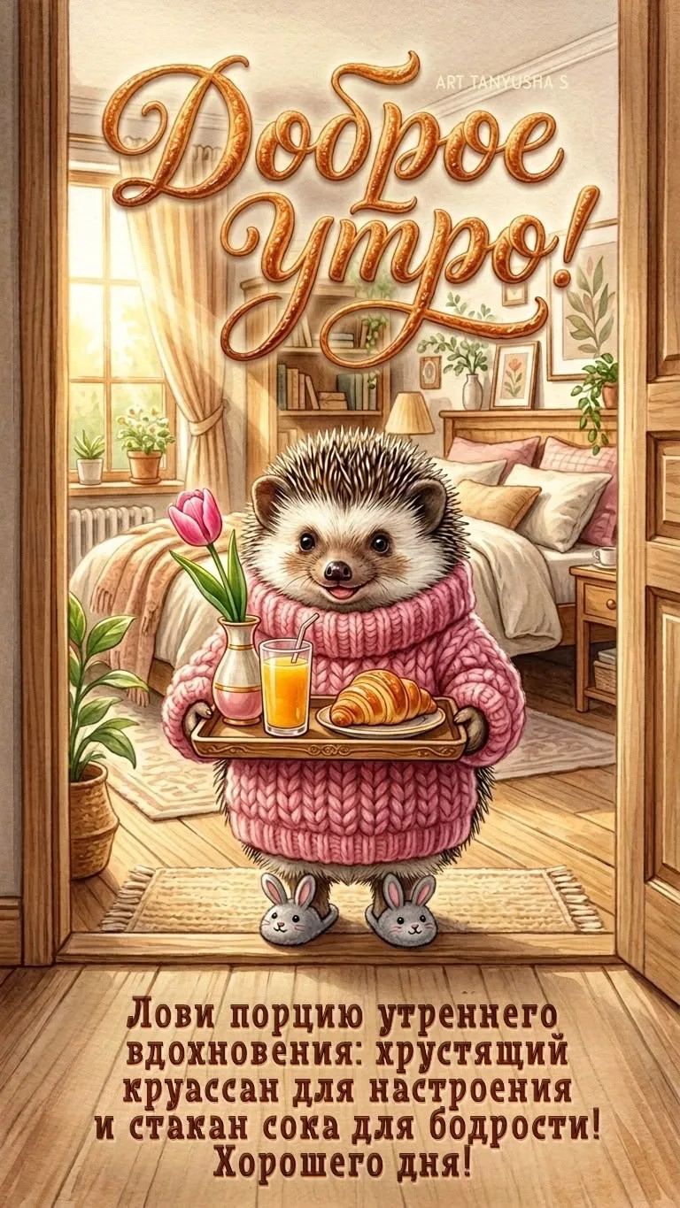 Доброе утро! Лови порцию утреннего вдохновения: хрустящий круассан для настроения и стакан сока для бодрости! Хорошего дня!