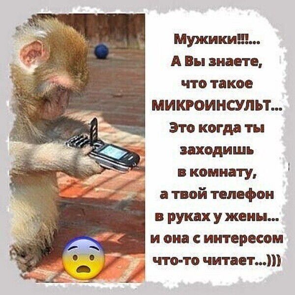Мужики!!!.... А Вы знаете, что такое МИКРОИНСУЛЬТ... Это когда ты заходишь в комнату, а твой телефон в руках у жены... и она с интересом что-то читает...)))