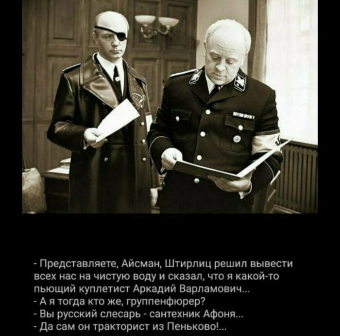 Представляете, Айсман, Штирлиц решил вывести всех нас на чистую воду и сказал, что я какой-то пьющий куплетист Аркадий Варламович... А я тогда кто же, группенфюрер? Вы русский слесарь - сантехник Афоня... Да сам он тракторист из Пеньково!...