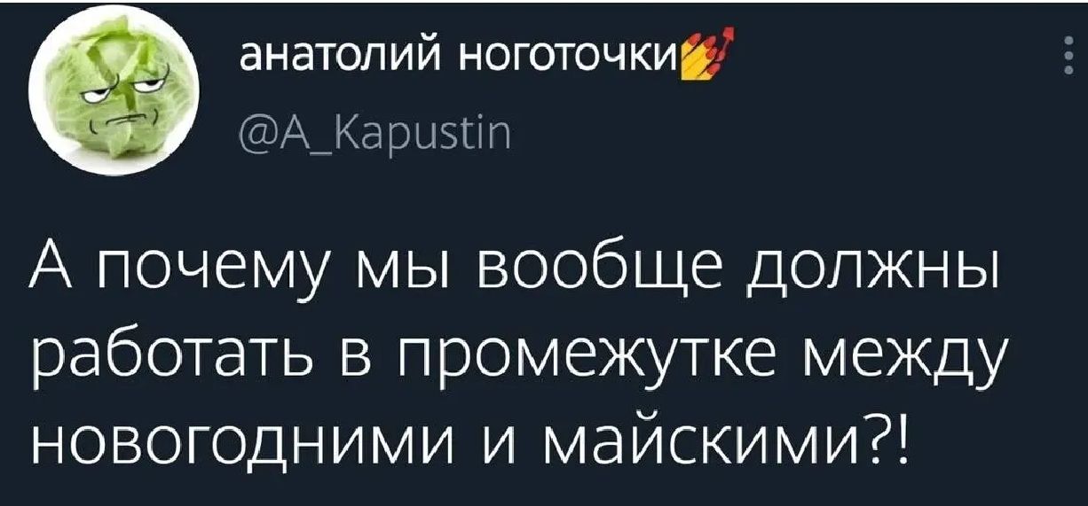 анатолий ноготочки @A_Kapustin А почему мы вообще должны работать в промежутке между новогодними и майскими?!