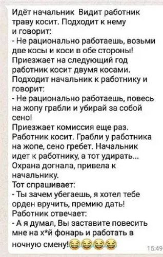 Идёт начальник. Видит работник траву косит. Подходит к нему и говорит:
- Не рационально работаешь, возьми две косы и коси в обе стороны!
Приезжает на следующий год работник косит двумя косами. Подходит начальник к работнику и говорит:
- Не рационально работаешь, повесь на жопу грабли и убирай за собой сено!
Приезжает комиссия еще раз. Работник