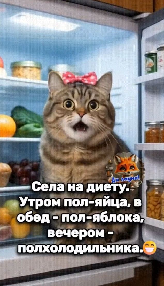 Села на диету. Утром пол-яйца, в обед - пол-яблока, вечером - полхолодильника. Да ладно!