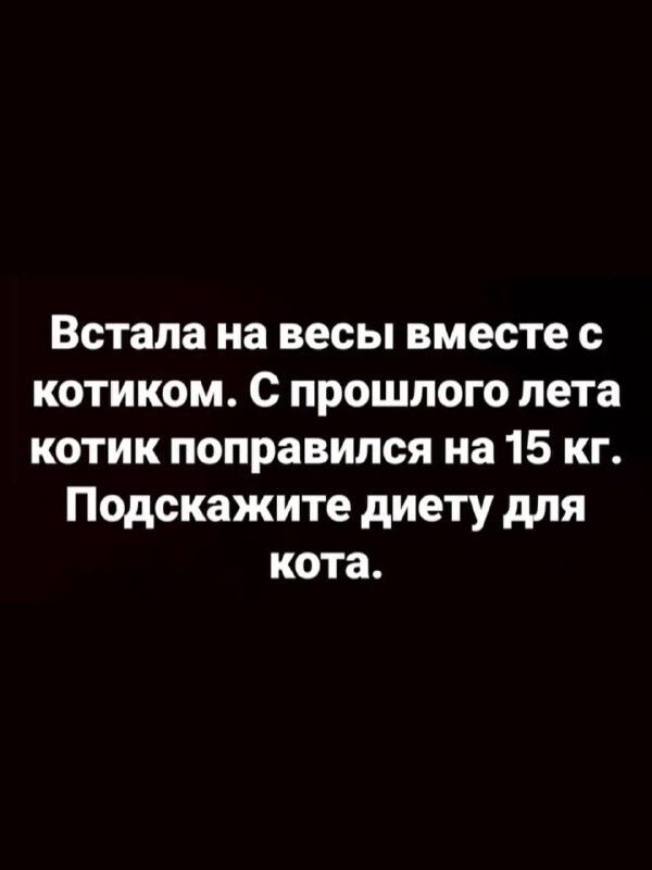 Встала на весы вместе с котиком. С прошлого лета котик поправился на 15 кг. Подскажите диету для кота.
