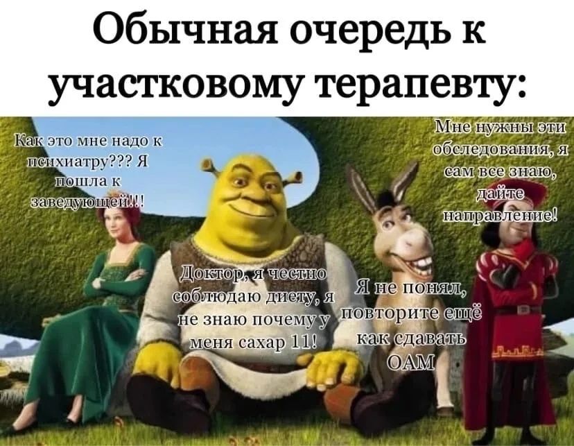 Обычная очередь к участковому терапевту: Как это мне надо к психиатру??? Я пошла к заведующей!!! Доктор, я честно соблюдаю диету, я не знаю почему у меня сахар 11! Я не понял, повторите ещё как сдавать ОАМ Мне нужны эти обследования, я сам все знаю, дайте направление!