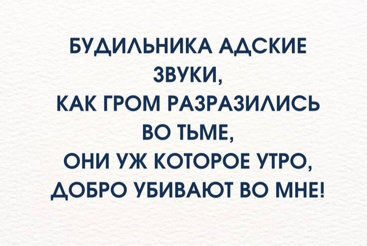БУДИЛЬНИКА АДСКИЕ ЗВУКИ, КАК ГРОМ РАЗРАЗИЛИСЬ ВО ТЬМЕ, ОНИ УЖ КОТОРОЕ УТРО, ДОБРО УБИВАЮТ ВО МНЕ!