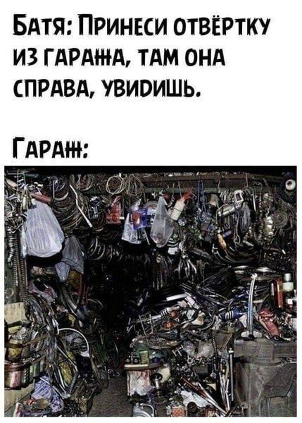 БАТЯ: ПРИНЕСИ ОТВЁРТКУ ИЗ ГАРАЖА, ТАМ ОНА СПРАВА, УВИДИШЬ. ГАРАЖ: