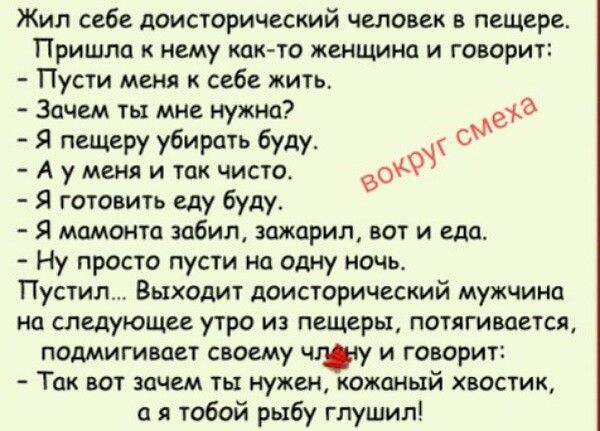 Жил себе доисторический человек в пещере. Пришла к нему как-то женщина и говорит: - Пусти меня к себе жить. - Зачем ты мне нужна? - Я пещеру убирать буду. - А у меня и так чисто. - Я готовить еду буду. - Я мамонта забил, зажарил, вот и еда. - Ну просто пусти на одну ночь. Пустил... Выходит доисторический мужчина на следующее утро из пещеры,