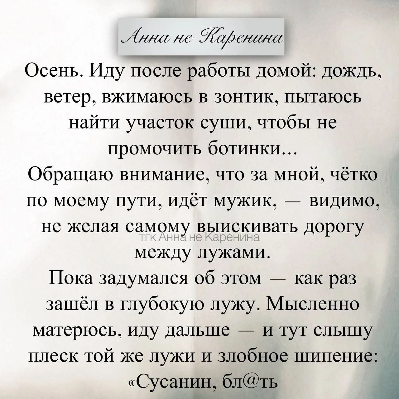 Анна не Каренина Осень. Иду после работы домой: дождь, ветер, вжимаюсь в зонтик, пытаюсь найти участок суши, чтобы не промочить ботинки... Обращаю внимание, что за мной, чётко по моему пути, идёт мужик, — видимо, не желая самому выискивать дорогу между лужами. Пока задумался об этом — как раз зашёл в глубокую лужу. Мысленно матерюсь, иду дальше —