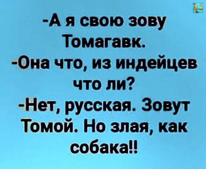 А я свою зову Томагавк. Она что, из индейцев что ли? Нет, русская. Зовут Томой. Но злая, как собака!!
