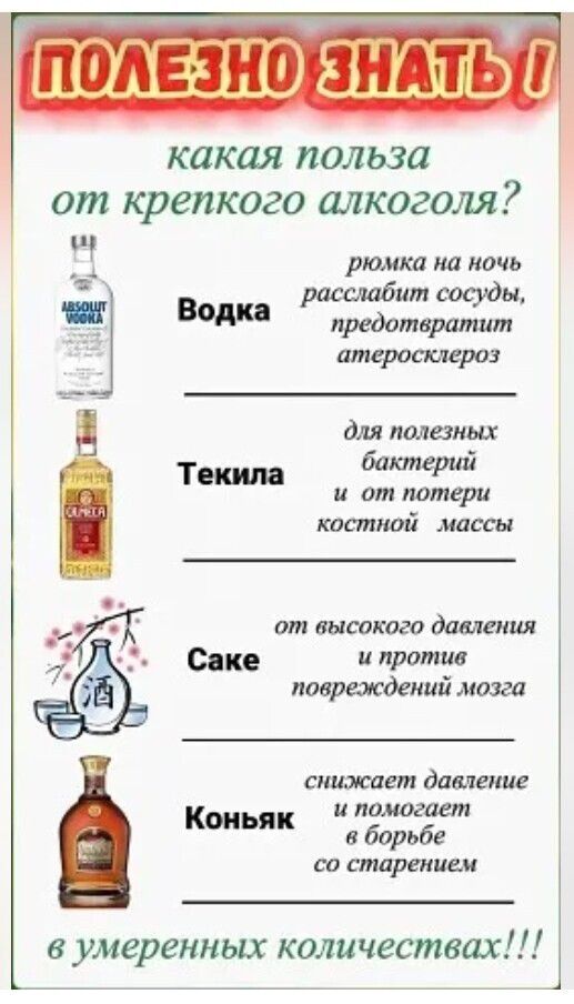 ПОЛЕЗНО ЗНАТЬ! какая польза от крепкого алкоголя? Водка рюмка на ночь расслабит сосуды, предотвратит атеросклероз. Текила для полезных бактерий и от потери костной массы. Саке от высокого давления и против повреждений мозга. Коньяк снижает давление и помогает в борьбе со старением. в умеренных количествах!!!