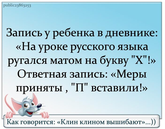 рпЫіс23863253 Запись у ребенка в дневнике На уроке русского языка ругался матом на букву Х Ответная запись Меры приняты П вставили 1 а _ Как говорится Клин клином вышибают_