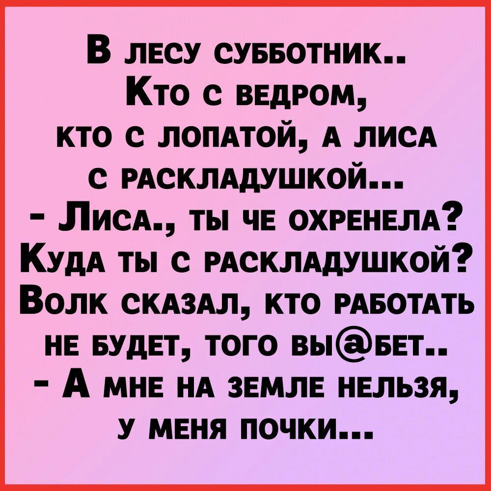 В лвсу суввотник Кто с ведром кто с лопдтой А лисд с РАСКЛАдУШКОЙ Лисд ты ЧЕ охрвнвлд КудА ты с РАскЛАдушкой Волк скдздл кто РАБОТАТЬ нв БУДЕТ того вывЕт А мне нд звмлв нельзя у меня почки