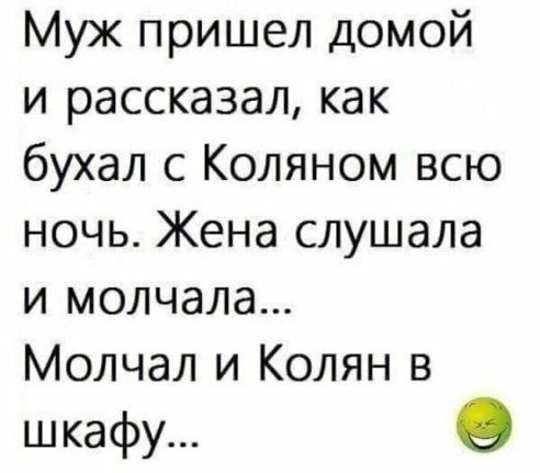 Муж пришел домой и рассказал как бухал с Коляном всю ночь Жена слушала и молчала Молчал и Колян в шкафу О