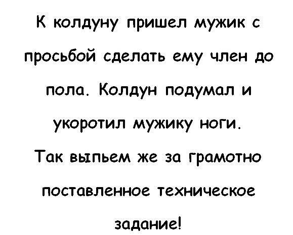 К колдуну пришел мужик с просьбой сделать ему член до пола Колдун подумал и укоротил мужику ноги Так выпьем же за грамотно поставленное техническое задание
