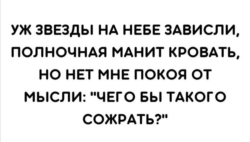 УЖ ЗВЕЗДЫ НА НЕБЕ ЗАВИСЛИ ПОЛНОЧНАЯ МАНИТ КРОВАТЬ НО НЕТ МНЕ ПОКОЯ ОТ МЫСЛИ ЧЕГО БЫ ТАКОГО СОЖРАТЬ