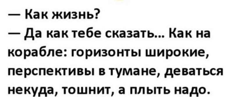 Как жизнь да как тебе сказать Как на корабле горизонты широкие перспективы в тумане деваться некуда тошнит а плыть надо