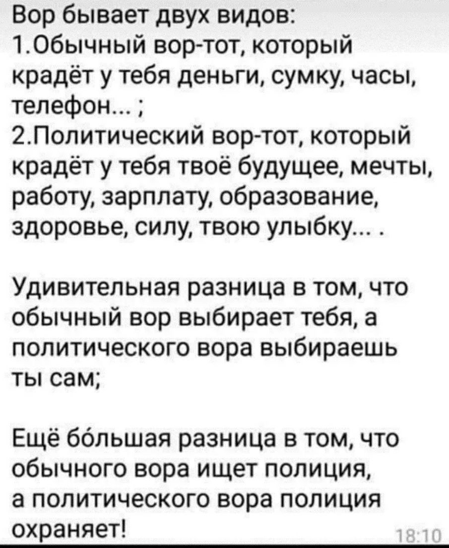 Вор бывает двух видов 106ычный вортот который крадёт у тебя деньги сумку часы телефон 2Политический вор тот который крадёт у тебя твоё будущее мечты работу зарплату образование здоровье силу твою улыбку Удивительная разница в том что обычный вор выбирает тебя а политического вора выбираешь ты сам Ещё большая разница в том что обычного вора ищет полиция а политического вора полиция охраняет